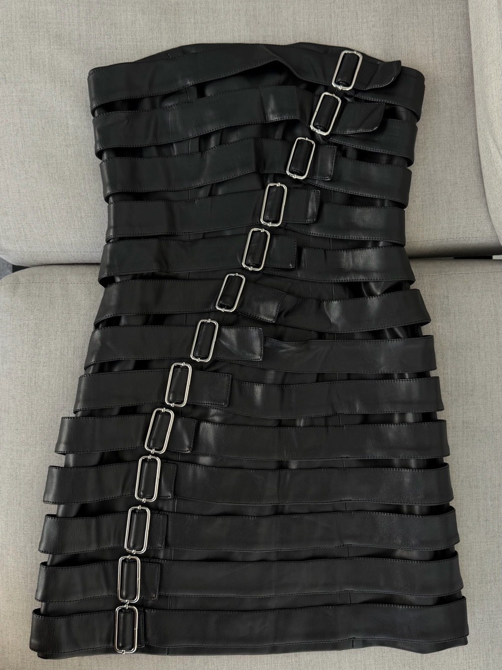 Eco-Leather Mini Dress with Decorative Buckles